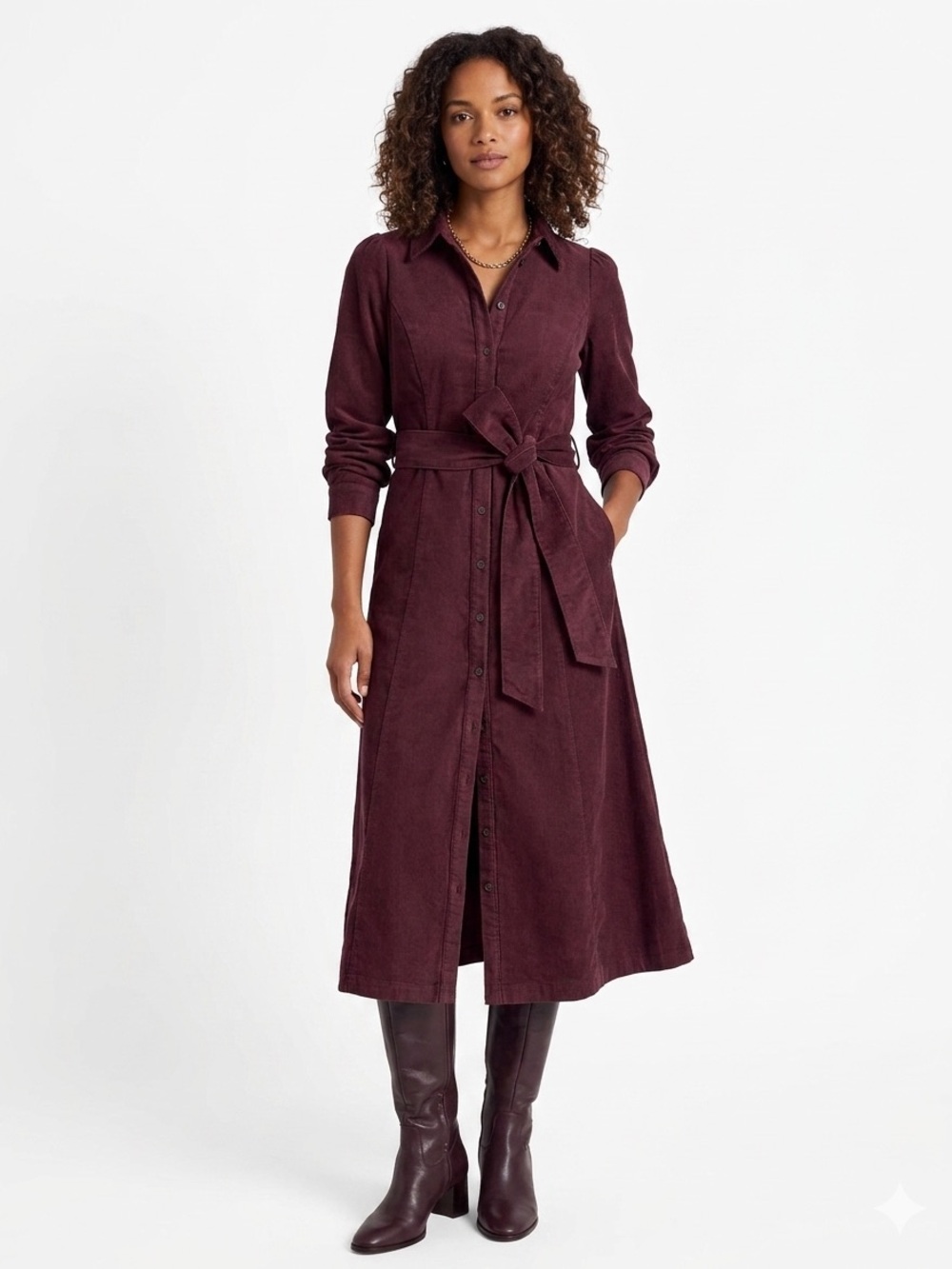 Boden Clara Corduroy Midi Shirt Dress Scalloped Collar Wine Burgundy Size 8